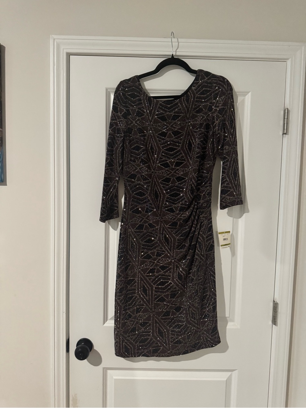 Anne Klein Black Sequin Midi Dress with Geometric Beading